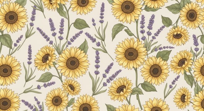 Seamless pattern of sunflowers and lavender flowers illustration with sunflower lavender botanical seamless wildflower wallpaper background illustration decorative wrapping backdrop