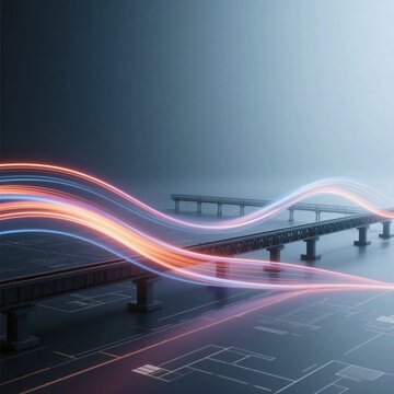 近未来的な構造物の上を走る赤と青の光の軌跡、テクノロジーのコンセプトイメージ