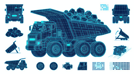 Mining dump truck blue wireframe technical blueprint with components © kuni