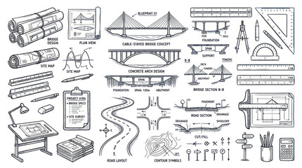 Obraz premium Bridge construction blueprints and engineering drafting tools