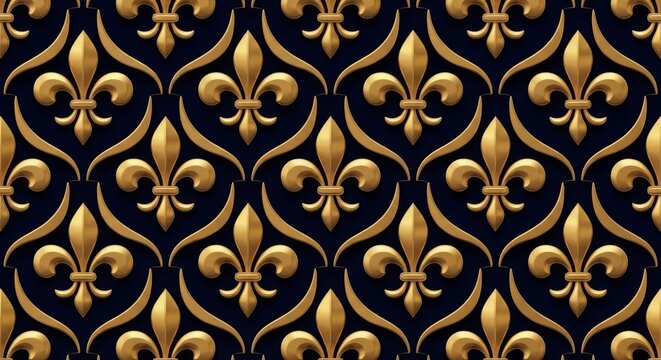 Golden fleur de lis pattern seamless luxury wallpaper texture on dark navy background with seamless wallpaper heraldic ornamental background decorative repeating abstract metallic monarchy