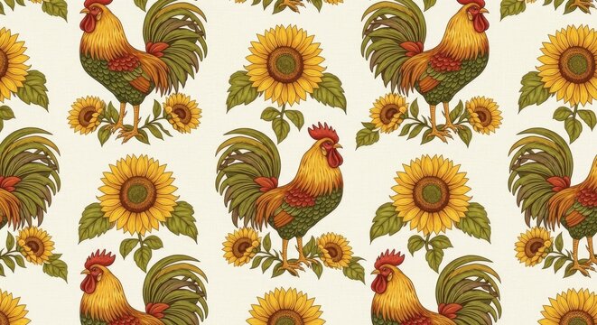 Country kitchen seamless pattern with roosters and sunflowers sunflower seamless farmhouse wallpaper background repeating agriculture traditional illustration decorative countryside