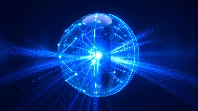 Digital spiral circle sphere light dark blue background with glowing network lines and radiant center, abstract energetic futuristic digital circle spiral energy sphere glowing network light abstract