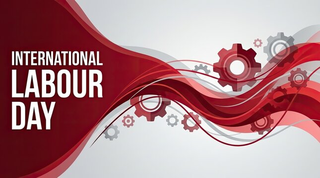 International labour day celebration banner featuring elegant red flowing wave lines and mechanical gears on a clean light grey background