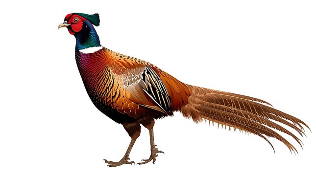 Detailed illustration of a male ring-necked pheasant with vibrant plumage and long tail feathers