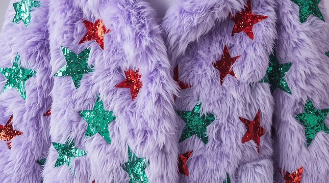 Cozy lavender faux fur jacket adorned with shimmering red and green star appliques