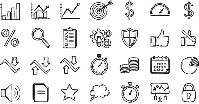 Hand Drawn Business Finance Analytics Icons Set. Sketchy Outline Doodle Collection of Data Management, Marketing, and Financial Symbols Elements.