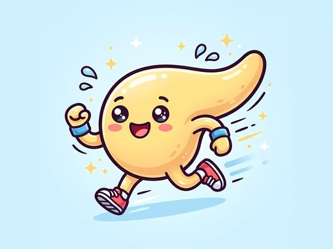 Cute Cartoon Pancreas Organ Character Running for Healthy Lifestyle.
