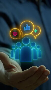 Media Engagement icon, Public Relations concept for construction, Investment, business development and Engineering. Businessman shows neon line of notification icons of like and love on virtual screen
