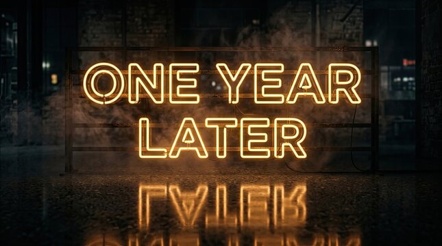 Bright yellow neon sign displaying the words one year later glowing against a dark industrial brick wall with moody atmosphere