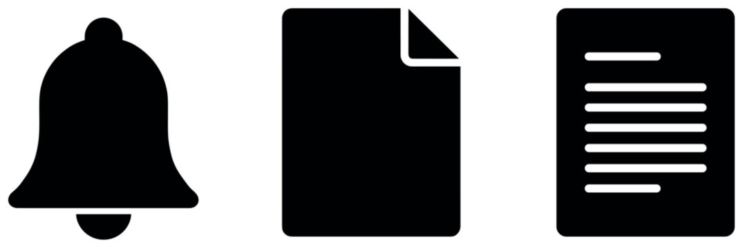 Set of 3 glyph icons including bell and different document types for notifications files.