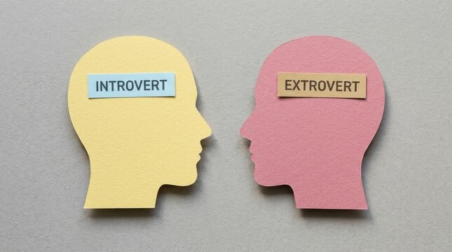 Two paper cutouts of human heads representing opposite personality types labeled as introvert and extrovert on a grey textured background