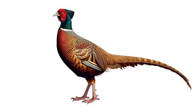 Detailed illustration of a male ring-necked pheasant with vibrant plumage and long tail feathers