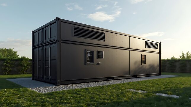 Modern black shipping container home stacked in a grassy yard with blue sky