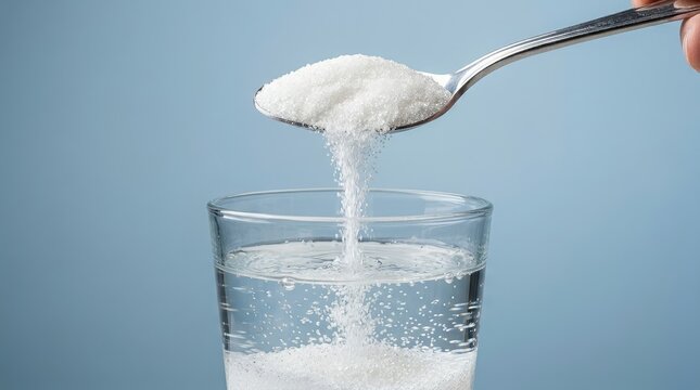White granulated sugar falling from a metal spoon into a clear glass filled with fresh water on blue studio background