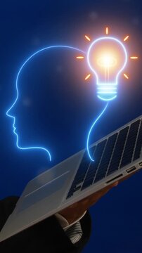 Thought Leadership icon, Public Relations concept for construction, Investment, business development and Engineering. Businessman shows Human icon with glowing lightbulb sign on virtual screen.