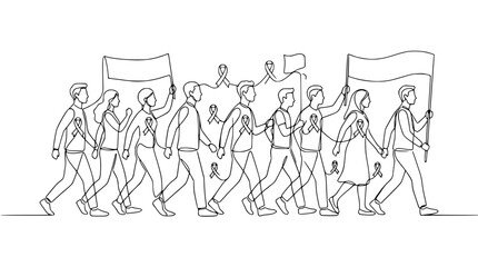 Obraz premium People marching with ribbons and flags, continuous line drawing, awareness and support concept