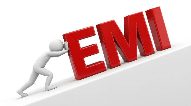 A small white 3d character pushes a large red emi text label uphill against gravity on a plain white background