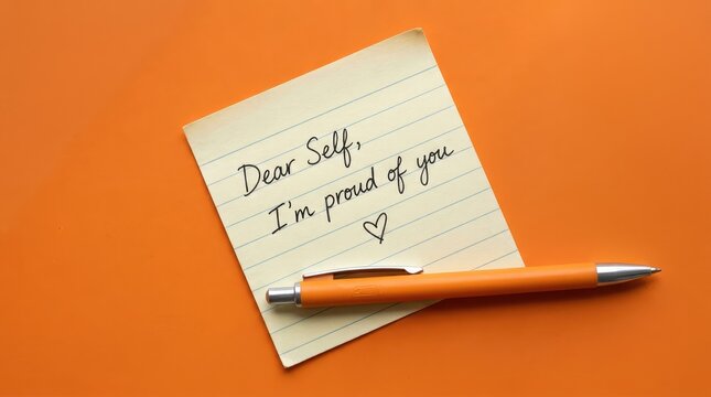 Yellow lined sticky note with handwritten message of self love and pride resting on a bright vibrant orange desk surface