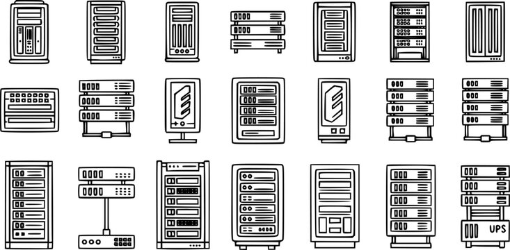 Technology Data Center Servers and Network Equipment Line Art Icons. IT Infrastructure, Computing, and Storage Devices Glyph Vector Set.