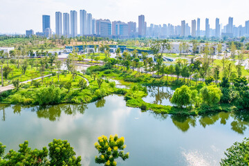 Urban wetland park and skyline in Wuhan, China © NguyenMinh