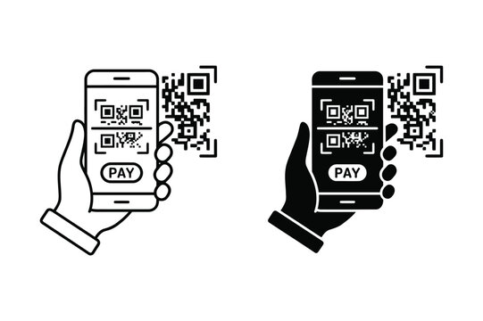 Mobile QR code payment scan icon set with hand holding smartphone in outline and glyph style vector illustration