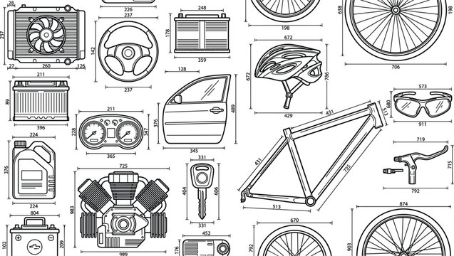 Automotive and bicycle parts technical drawing pattern vector illustration featuring mechanical engineering specifications and vehicle industry components
