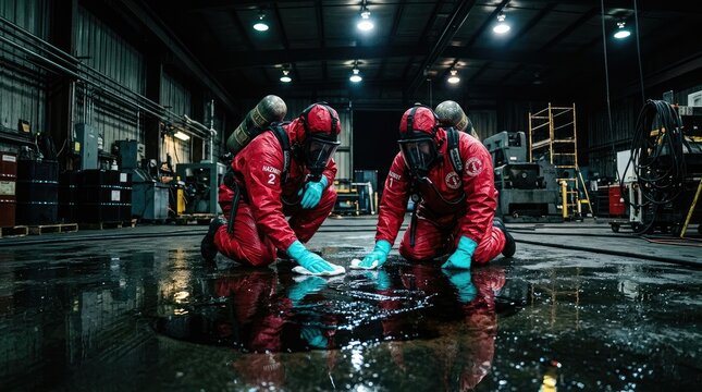 Two professional hazardous material responders wearing red protective suits kneel on the ground to clean up a chemical liquid spill