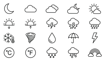 Naklejka premium Weather forecast outline icons set isolated on white background thin line stroke vector illustration web UI design