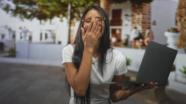 Woman young hispanic brunette wearing glasses and white t shirt holds laptop with one hand and covers mouth with other hand while smiling in front of building courtyard; joy.