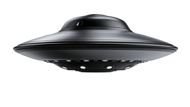 Black UFO saucer spaceship flying saucer on transparent background