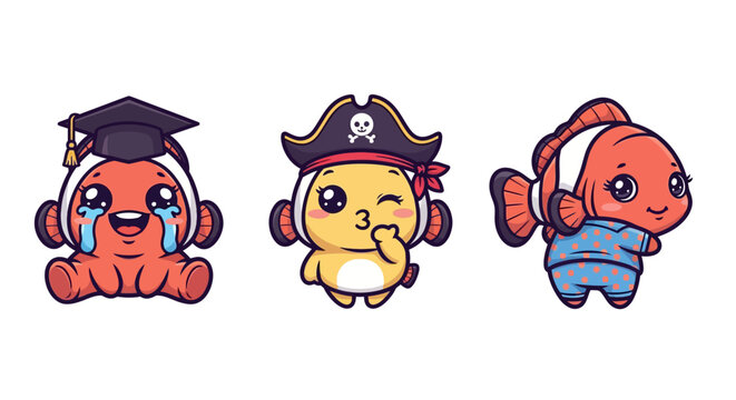 Cartoon Fish Characters in Different Outfits and Styles.