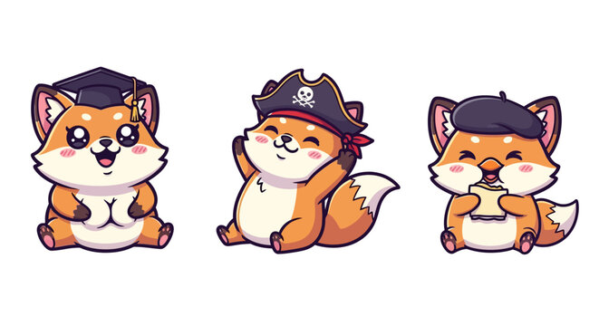 Cute cartoon foxes wearing different hats and outfits.
