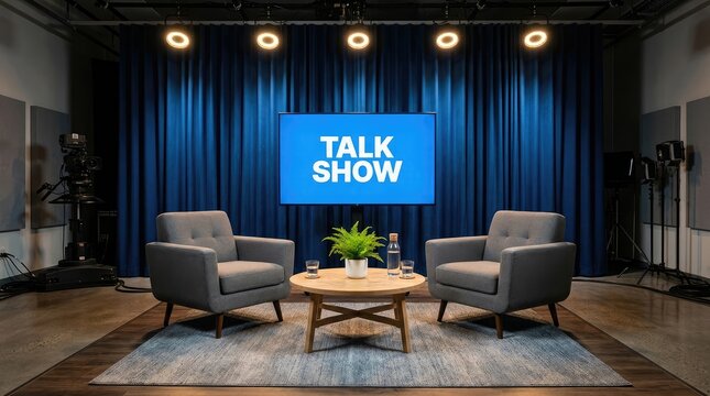 Empty talk show studio set featuring two comfortable gray chairs and a wooden coffee table under bright warm stage lighting