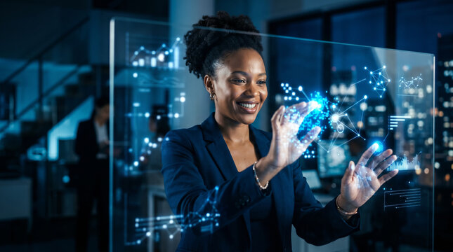 Close-up of a smiling black, African-American businesswoman interacting with futuristic graphs and charts from behind the transparent charts in a dark office with blue tones
