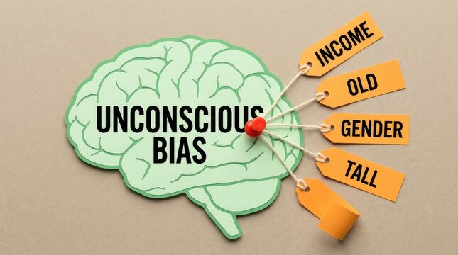Light green paper brain cutout displaying unconscious bias text with orange hanging tags attached by a small red push pin