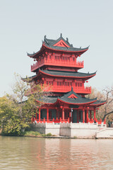 Naklejka premium Pavilions and towers in the gardens of Huai'an, China