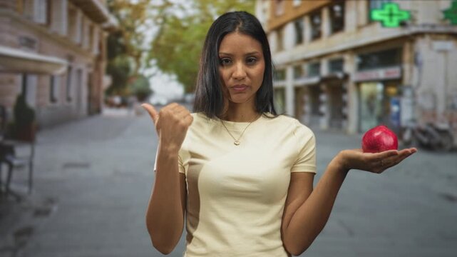 Woman holds pomegranate in open hand and thumb pointing over shoulder on street; choice contemplation.
