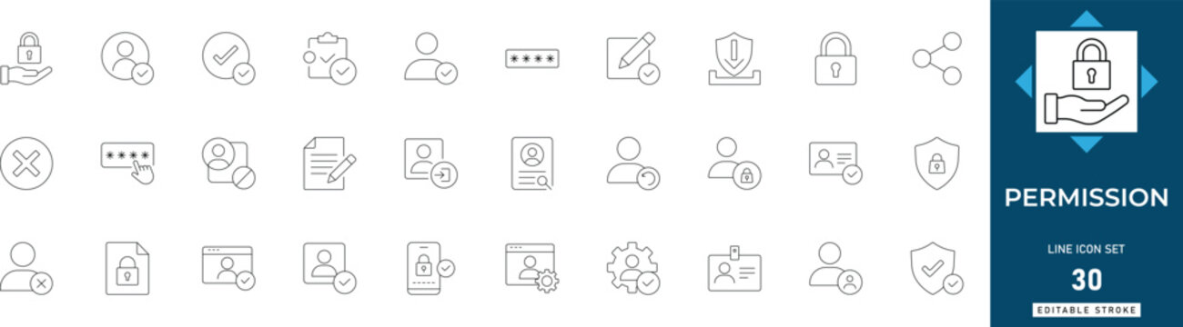 Permission line icon set featuring access, control, authorization, privacy, security, allow, and protection. Professional editable vector illustration for security app and UI UX design.

