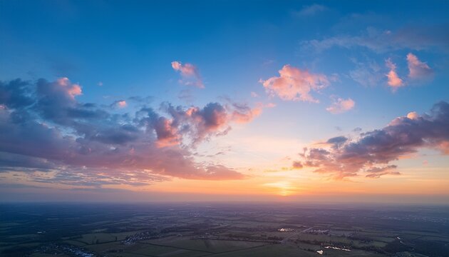 Ave Real Sky With Sun Pastel Colors Panoramic Sunrise Sundown Sanset Sky With Colorful Clouds Without Any Birds Natural Cloudscape