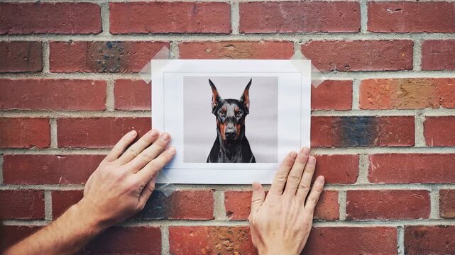 Person carefully taping a missing Doberman dog poster on a weathered surface outdoors