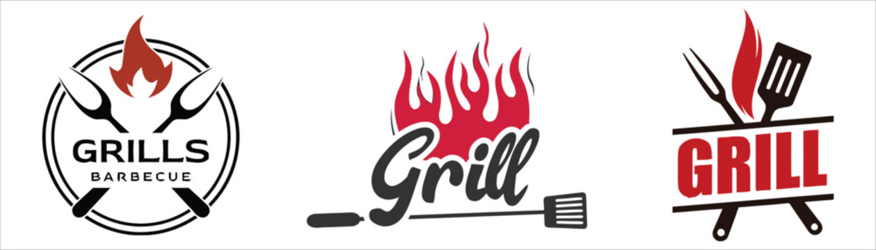 Set of barbecue grill logos with fire and cooking tools icons