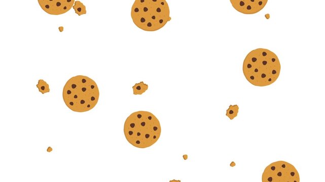 Cookies and crumbs falling on white background