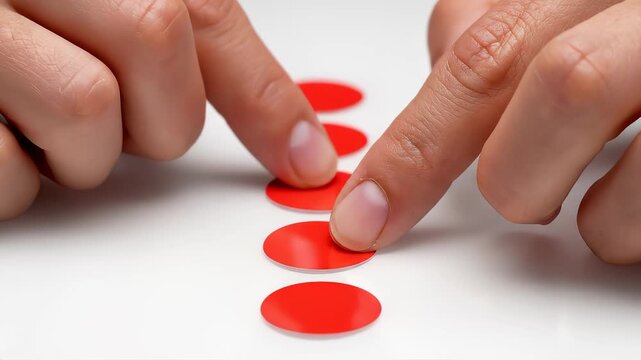 Precision Human Hands Arranging Red Circles In A Perfect Column