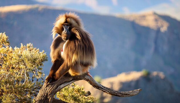 Gelada Baboon Sitting On Tree Branch In Simien Mountains Ethiopia