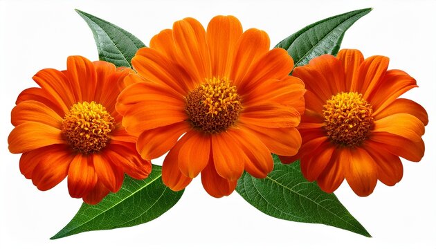 Tithonia Flower Three Orange Flowers With Green Leaves Isolated On A Transparent Background