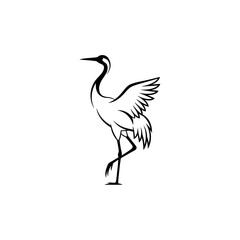 Naklejka premium Minimalist black and white line art illustration of a standing crane bird.