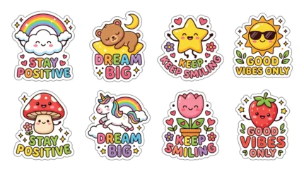 Fototapeten Positive Typografie Set of cute kawaii motivational stickers with positive quotes and colorful cartoon characters.  © Bachri