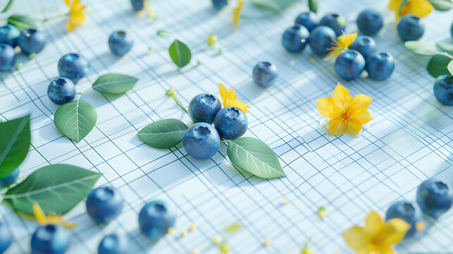 3D claymorphism blueberries and yellow flowers on grid background with copy space for summer fruit ecommerce and beauty skincare poster design