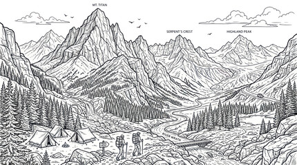 Backpackers trekking through a scenic mountain valley near a campsite © linggo